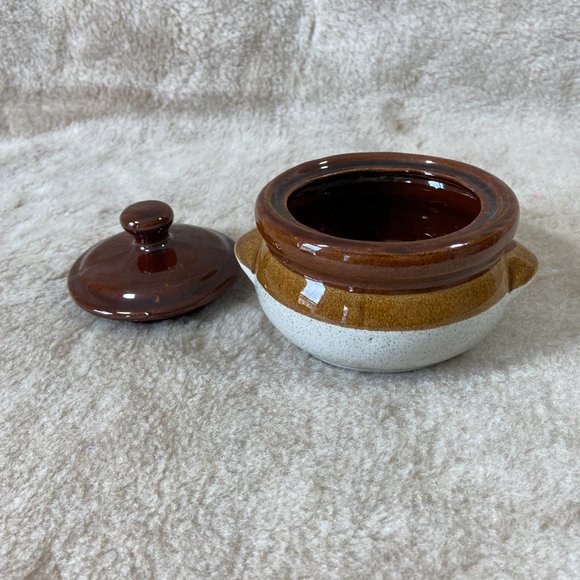 Vintage Stoneware Small Bean Pot in Tan and Brown Glaze Farmhouse - Picture 4 of 9